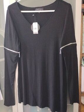 P. Luca Barami Edgy Black top with Silver zippers on sleeves. Asymmetric  Large